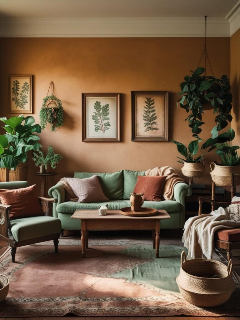 Create a vintage boho living room featuring an earthy, muted color palette. Include warm hues like ochre, sage green, rust, and dusty rose across walls, textiles, and decor. Style the space with antique or thrifted furniture, cozy layered rugs, vintage wall art, and houseplants in natural planters. The mood should feel serene, soulful, and well-balanced — a perfect blend of cozy vintage and relaxed boho charm. No people, no text, no logos — photorealistic and warm.