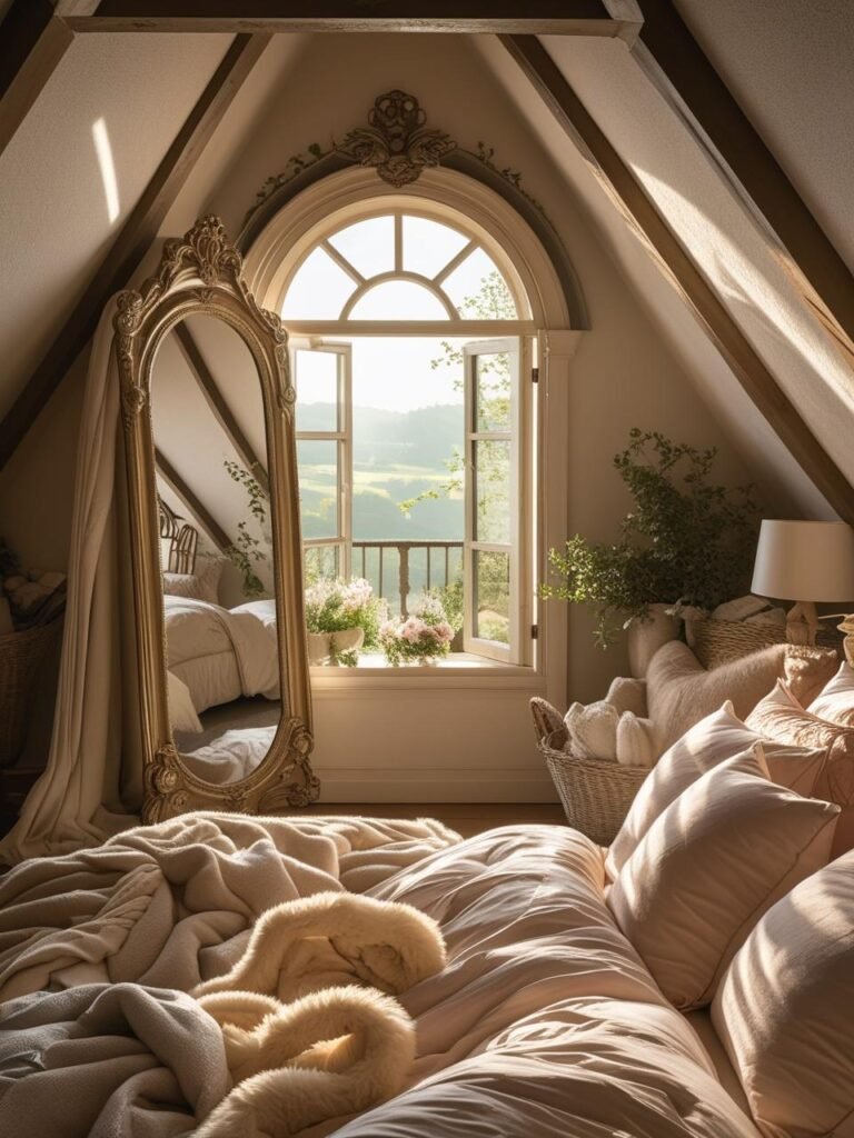 Oversized Mirror Reflecting attic room