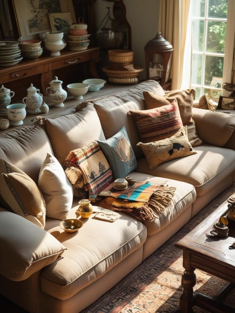  Display Collected Treasures
Show off thrifted items, antiques, handmade bowls, or travel souvenirs. The mix of curated items tells a story and gives the room soul