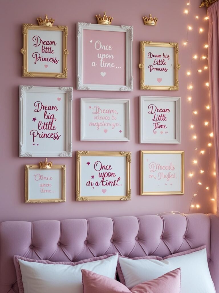 A soft and elegant princess-themed bedroom wall decorated with framed inspirational quotes. The frames vary in size and color — soft gold, white, or pastel pink — arranged in a gentle gallery wall layout. Each frame contains a sweet, whimsical quote in elegant script or handwritten-style typography, such as “Dream big, little princess” or “Once upon a time…” The backdrop wall is blush pink or lavender, with fairy lights draped nearby, a tufted headboard below, and plush pillows. Add subtle decor like a crown, stars, or hearts around the frames for a magical vibe. The lighting should be warm and dreamy.
