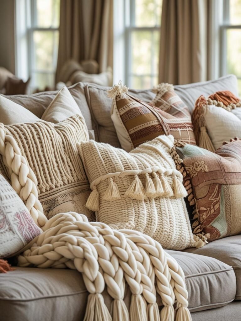 Layer Throw Blankets and Pillows living room
