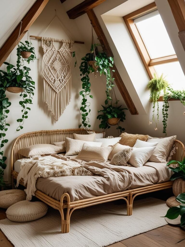 A romantic boho-style attic bedroom in a 2.5:1 wide aspect ratio. The room features a low rattan bed frame with layered neutral-toned linens and soft pillows. A large macramé wall hanging decorates the angled wall above the bed. Hanging plants, like trailing pothos and string-of-pearls, are placed near a bright attic window, letting natural light flood in. The ceiling is sloped with exposed beams, and the floor is styled with a woven rug and soft textures. The overall mood is earthy, dreamy, and relaxed with a romantic bohemian vibe.
