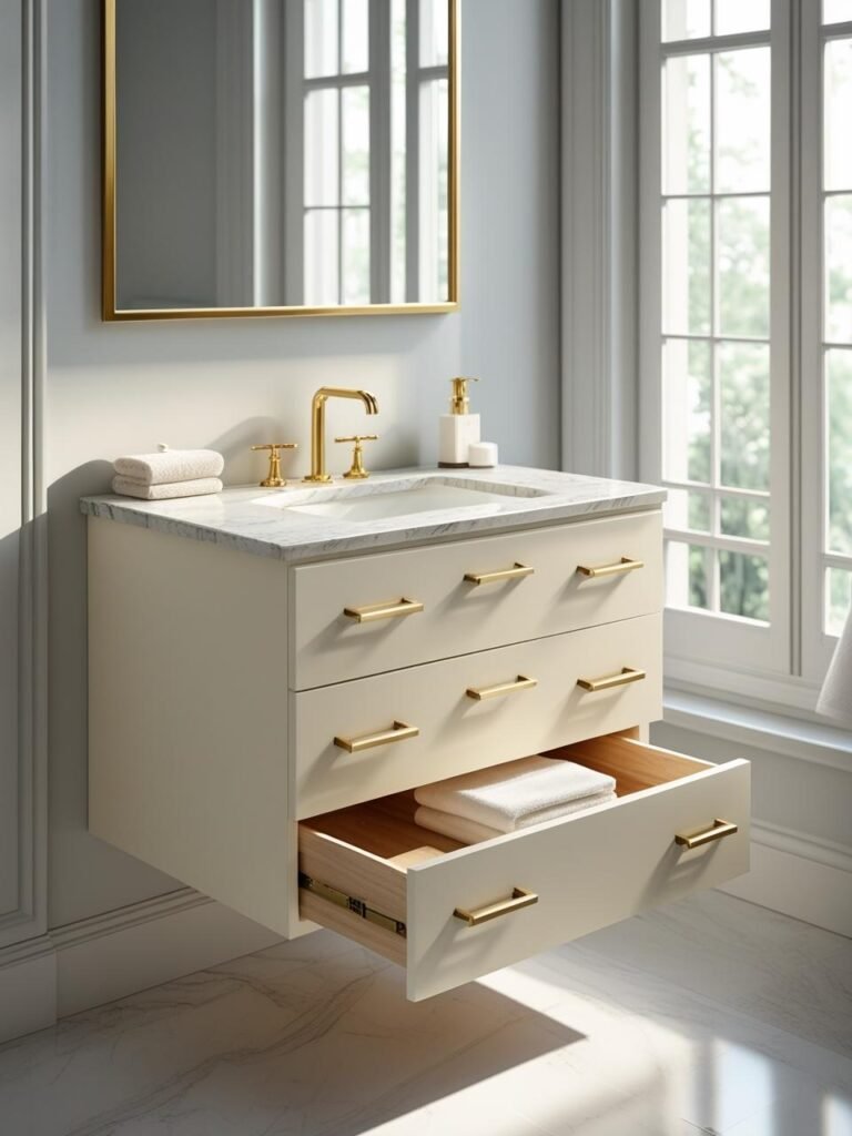 Floating Vanity with Chic Hardware bathroom