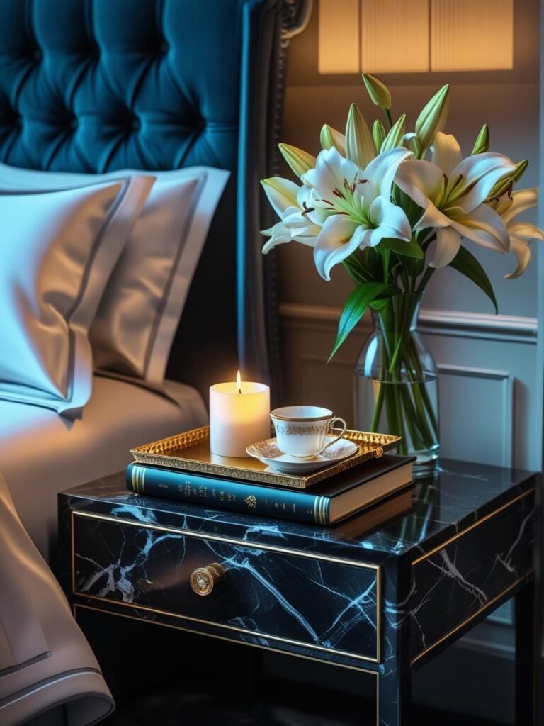 Gold-Lined Tray on Nightstand