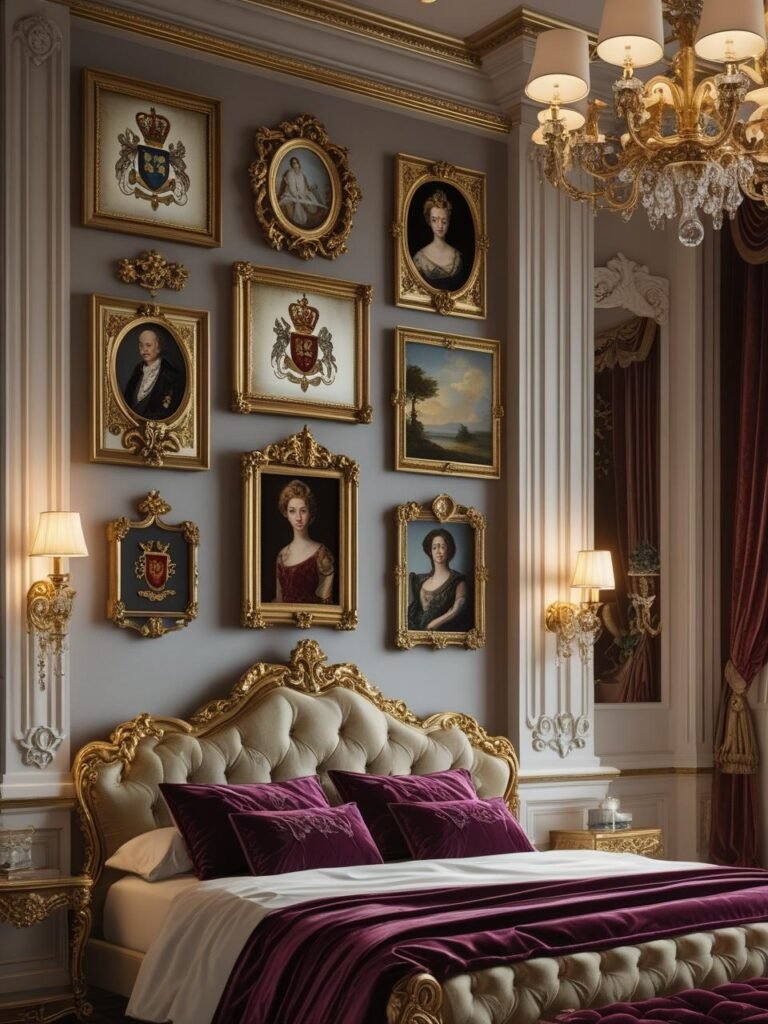 A luxurious bedroom featuring royal-themed artwork