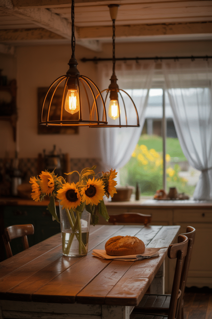 Pendant lights or warm-toned lamps make your kitchen inviting. 