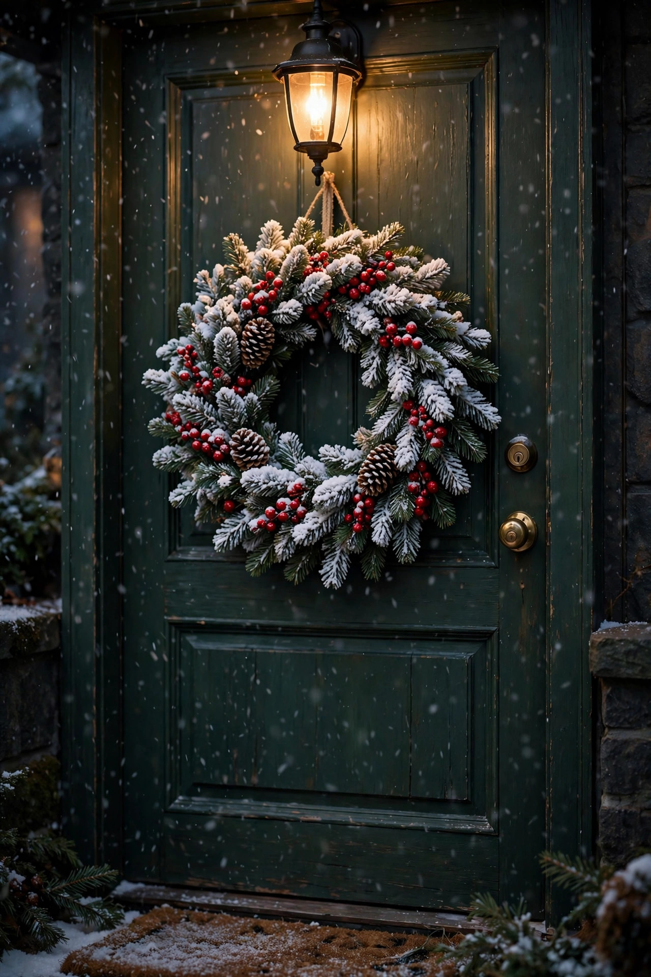 Flocked Christmas wreath with red berries and pinecones on a dark green front door