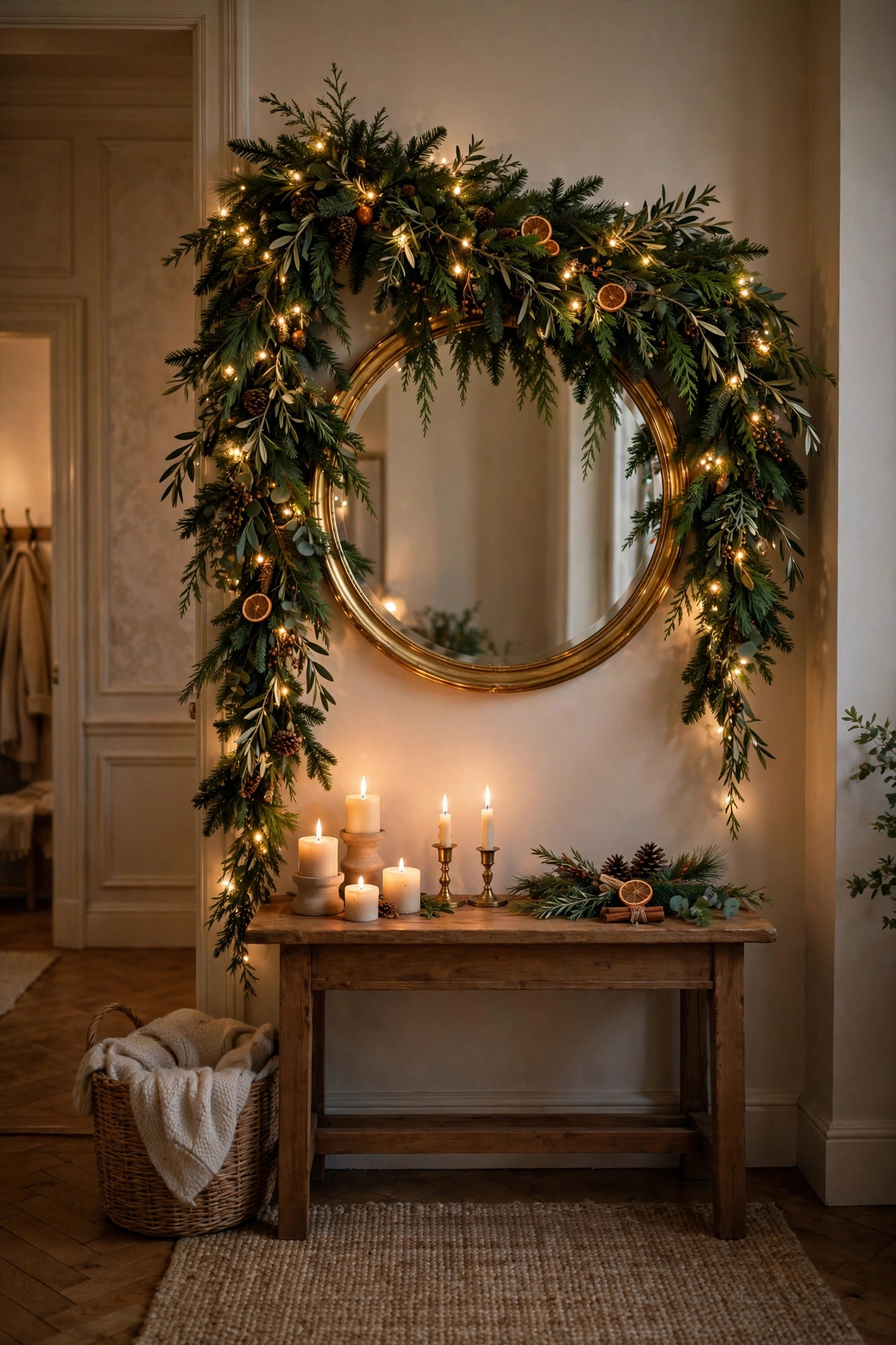 Christmas garland with fairy lights draped over a round gold entryway mirror