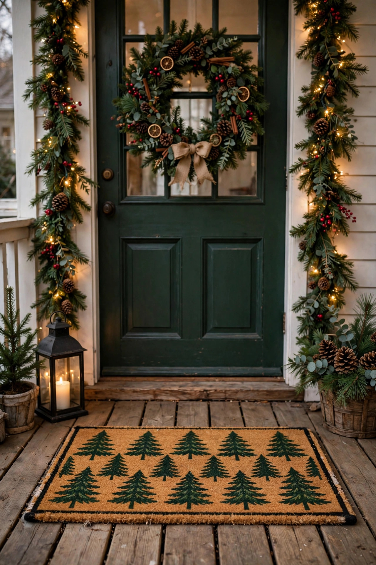Festive Christmas doormat with pine tree pattern on a wooden porch