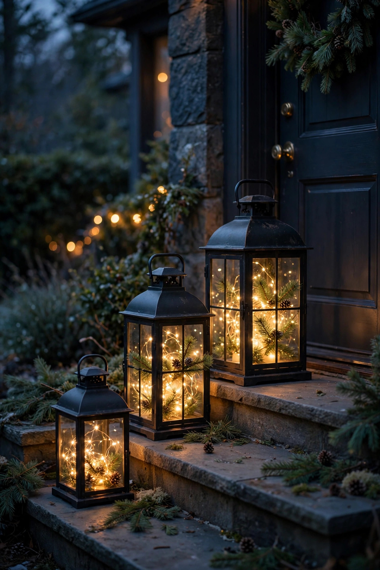 Black lanterns glowing with fairy lights on entryway steps at dusk