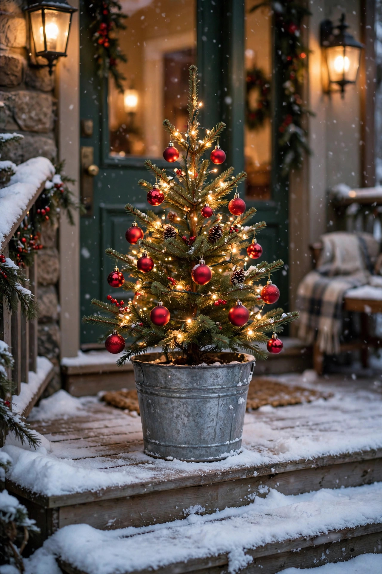 Mini decorated Christmas tree in a metal bucket on a front porch