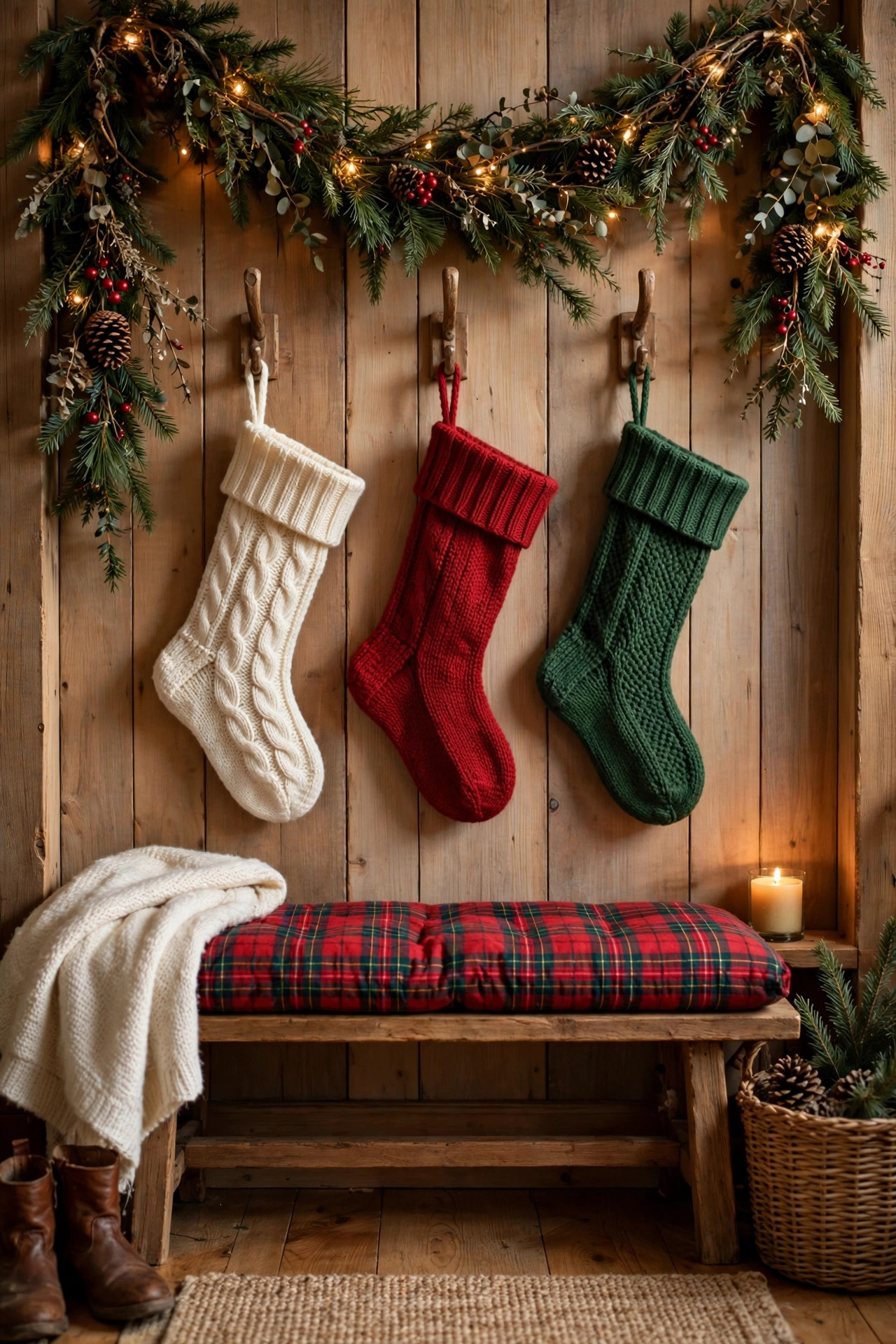 Knit Christmas stockings hanging from wooden hooks in a cozy entryway