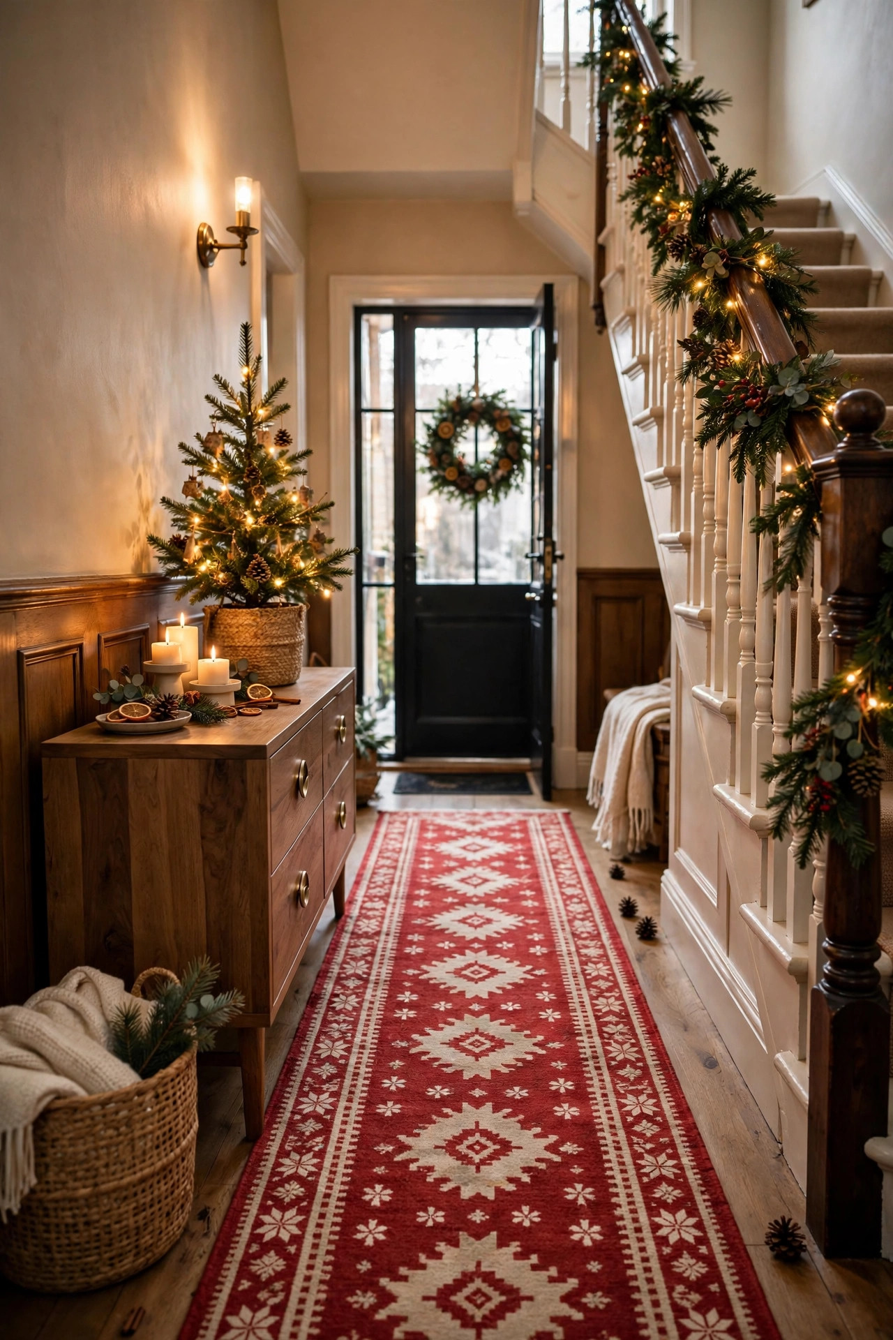 Red and cream Christmas runner rug in a welcoming entryway hallway