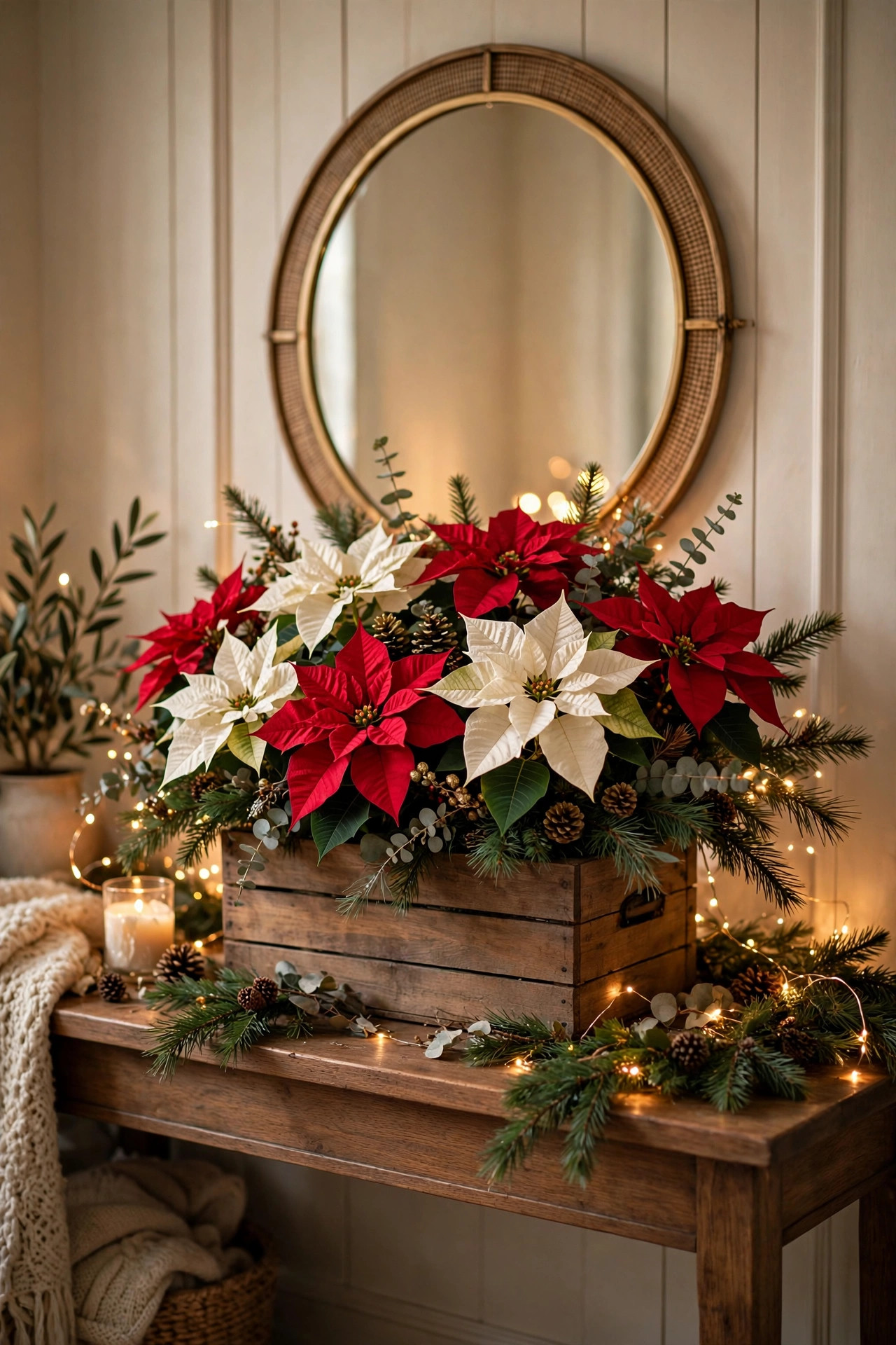 Red and white poinsettia arrangement in a wooden crate on a console table