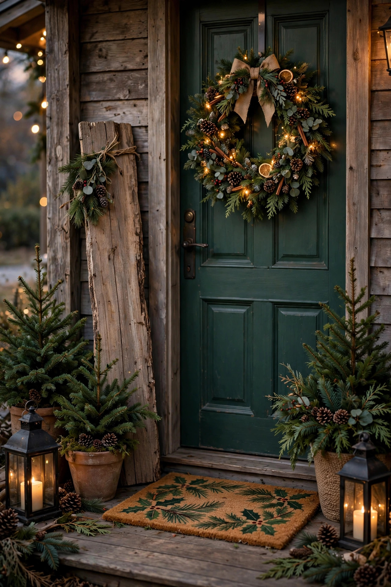 Rustic wooden holiday welcome sign on a decorated front porch