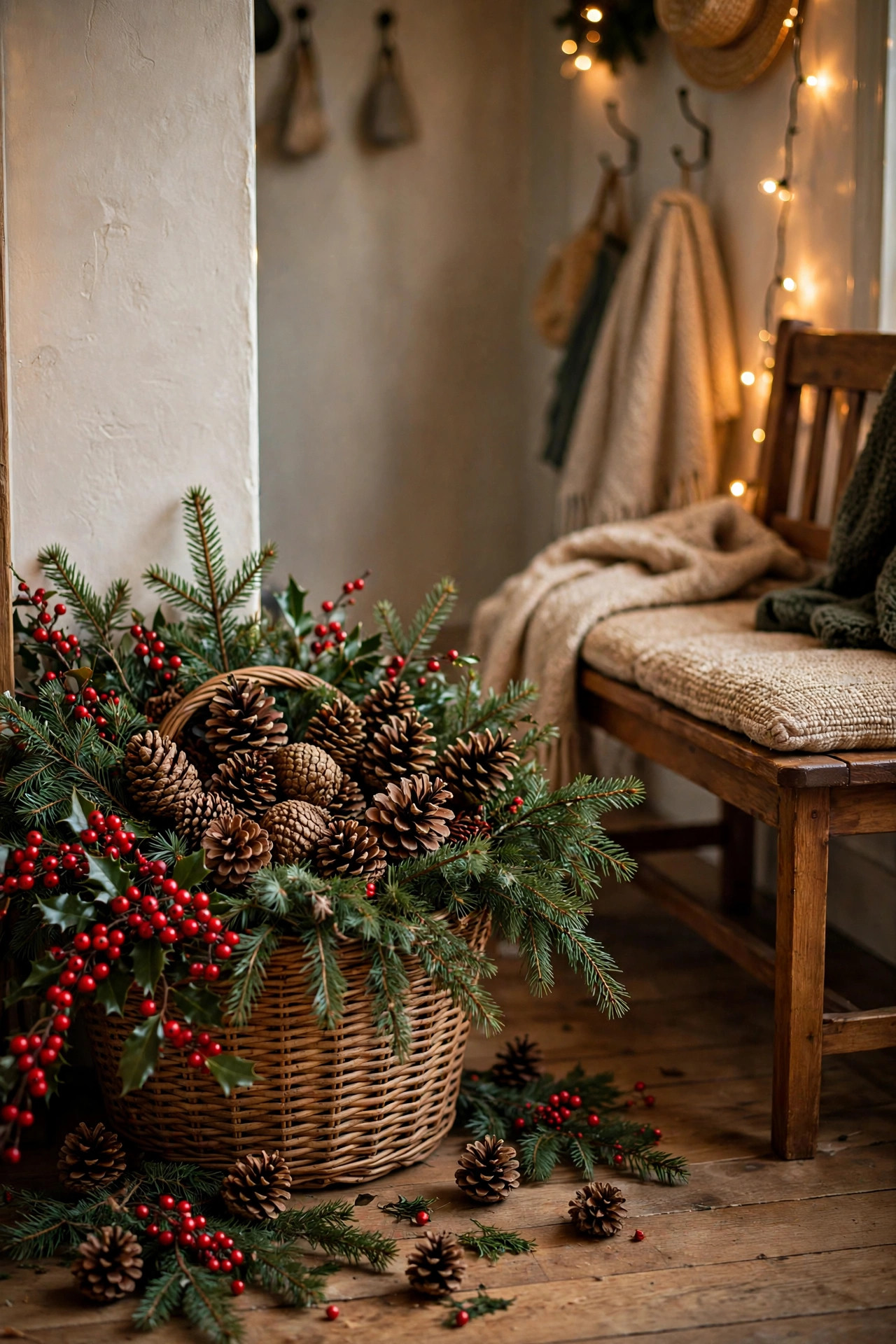 Wicker basket filled with pinecones, evergreen branches and red berries