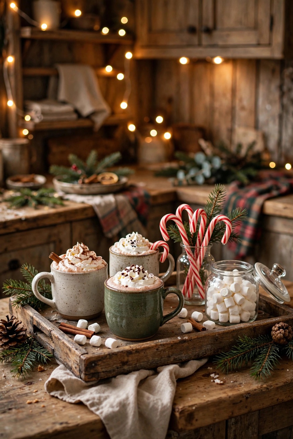 Ceramic mugs of hot cocoa with whipped cream on a wooden tray in a Christmas kitchen