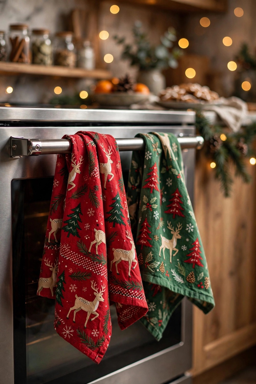 Red and green Christmas tea towels with pine tree patterns hanging on an oven handle