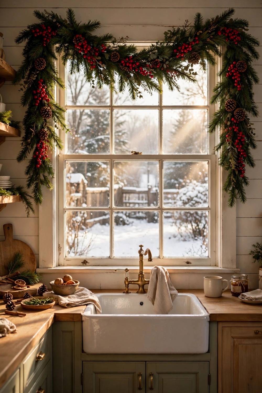 Lush pine garland with red berries draped over a Christmas kitchen window