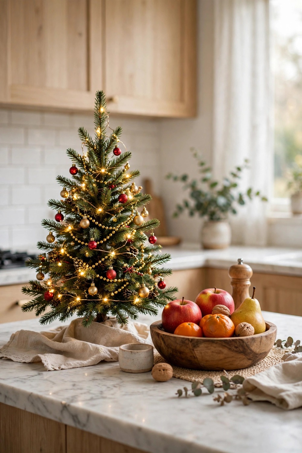 Small decorated mini Christmas tree with tiny ornaments on a kitchen counter