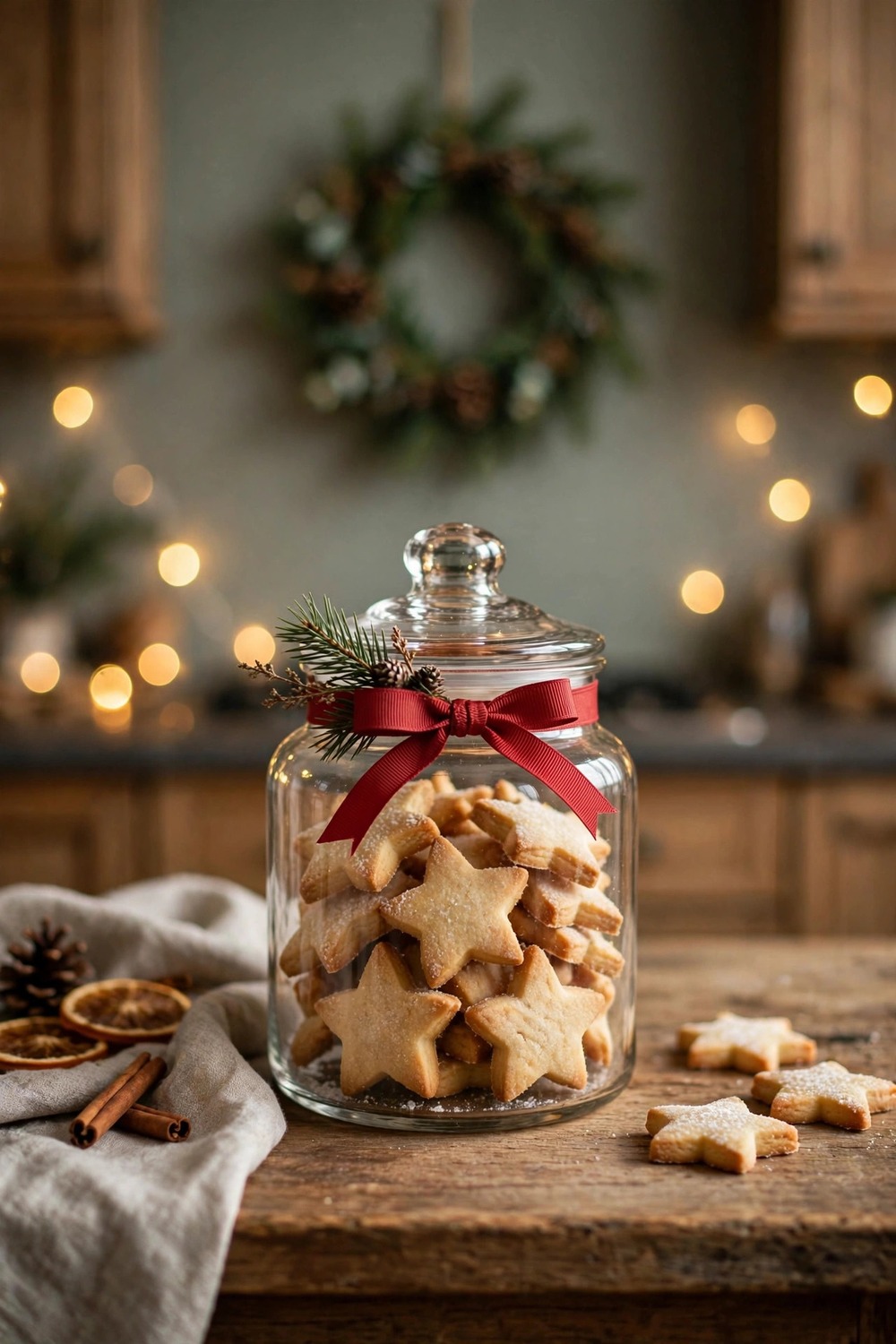 Glass Christmas cookie jar with red ribbon filled with star-shaped cookies on a kitchen counter