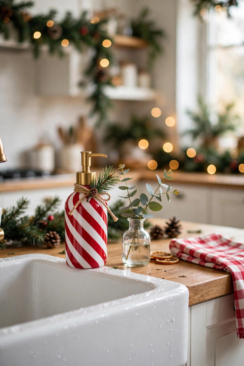 Festive red and white Christmas dish soap dispenser set by a farmhouse kitchen sink