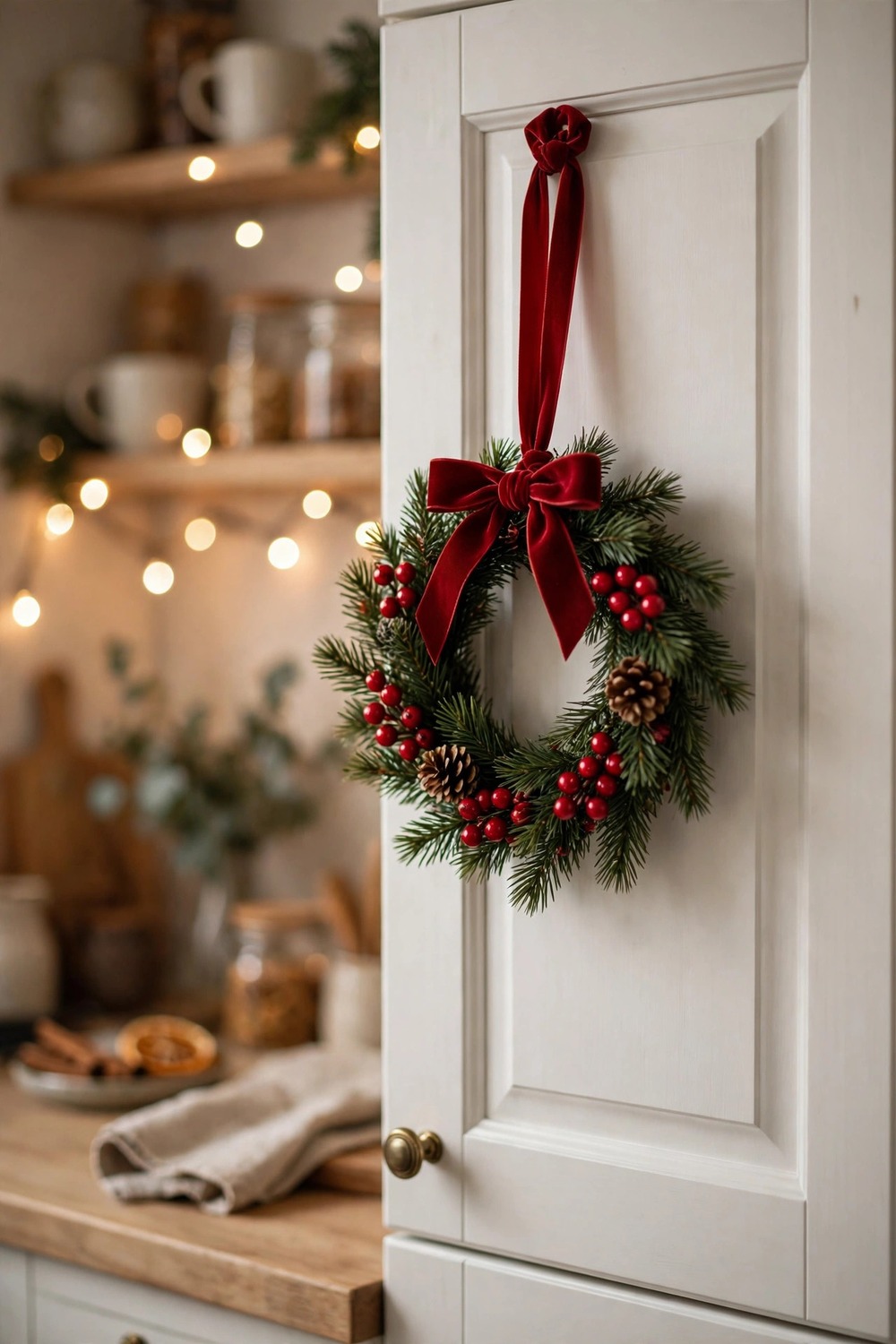 Small pine wreath with red berries hanging on a white kitchen cabinet door