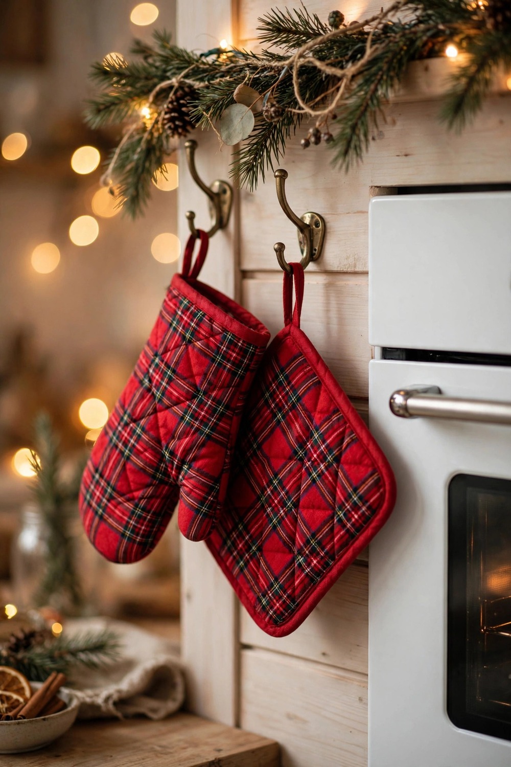 Red plaid Christmas oven mitt and pot holder set hanging beside a kitchen oven
