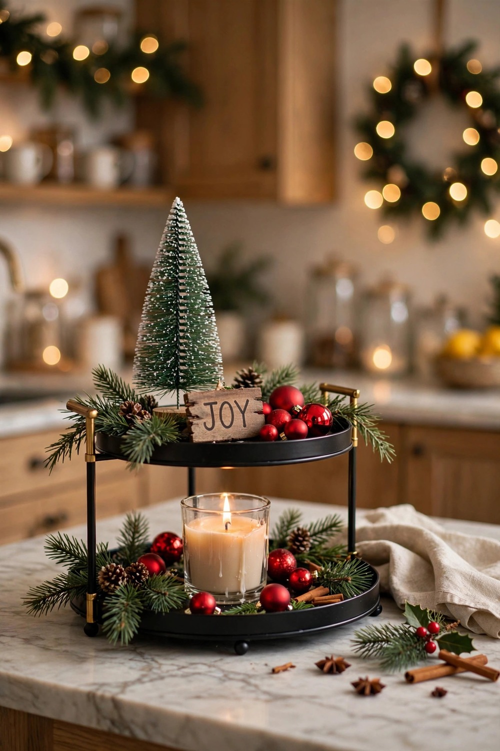 Two-tiered tray decorated with mini Christmas tree, ornaments and pine sprigs on a kitchen island