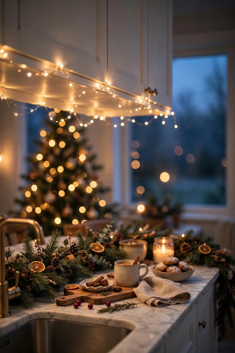 Warm fairy lights glowing under kitchen cabinets with Christmas garland at dusk