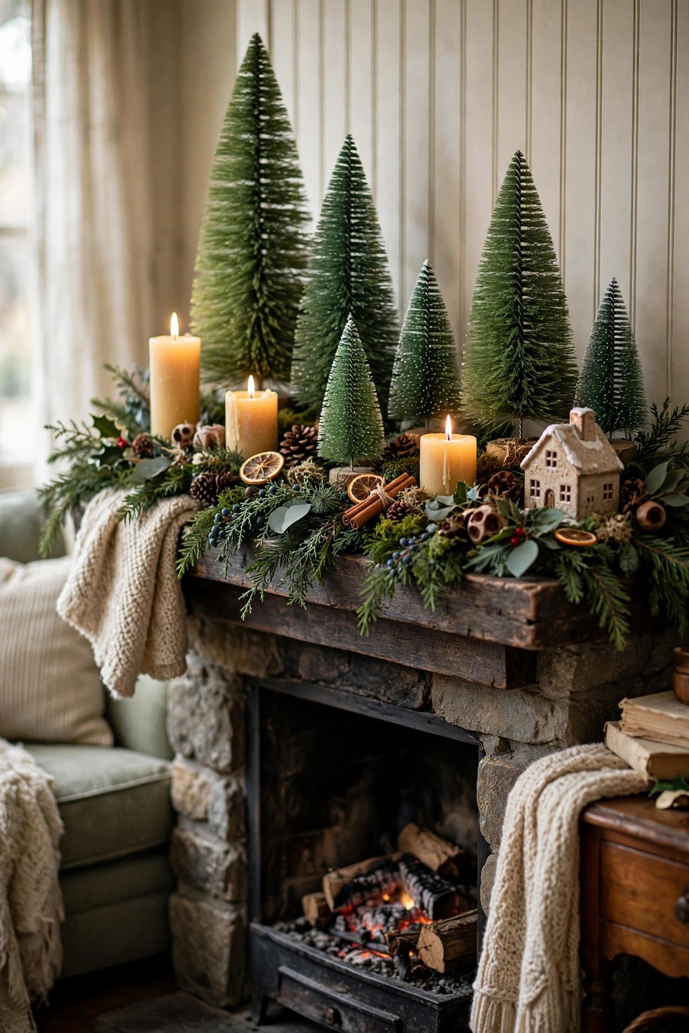Set of green bottle brush trees in mixed sizes on a Christmas mantel with garland and candles