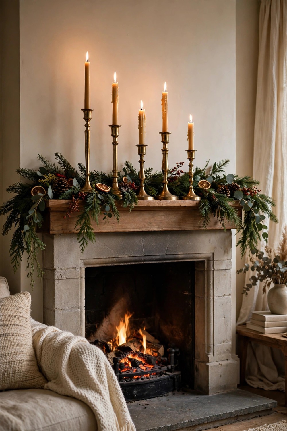 Brass taper candlesticks of varying heights with lit candles on a Christmas mantel with evergreen garland