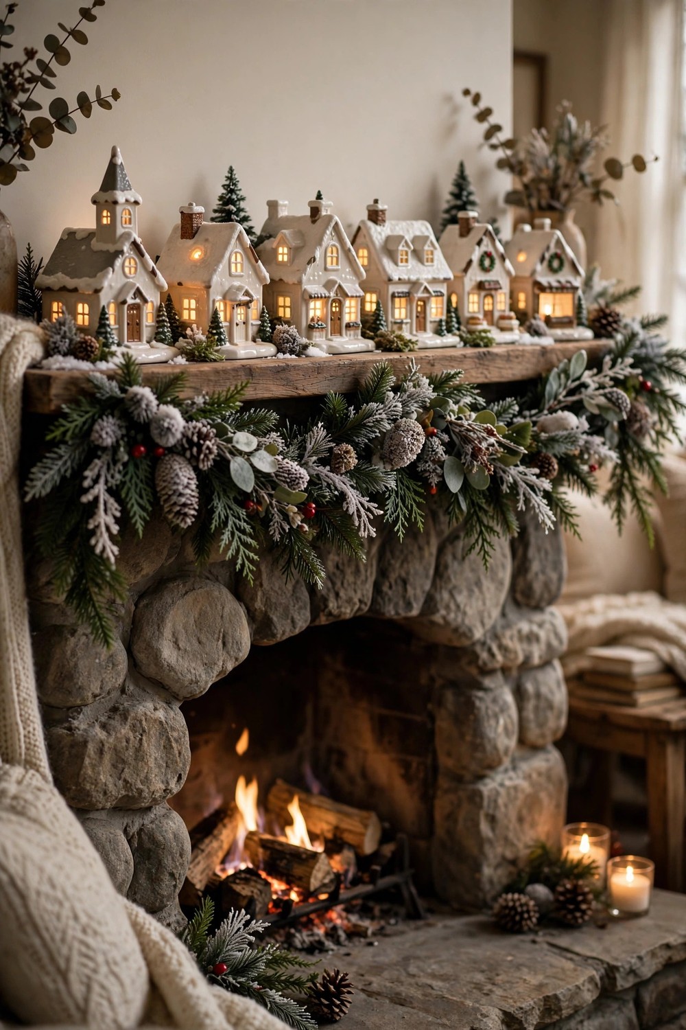 Glowing white ceramic Christmas village houses lined on a mantel with snowy garland