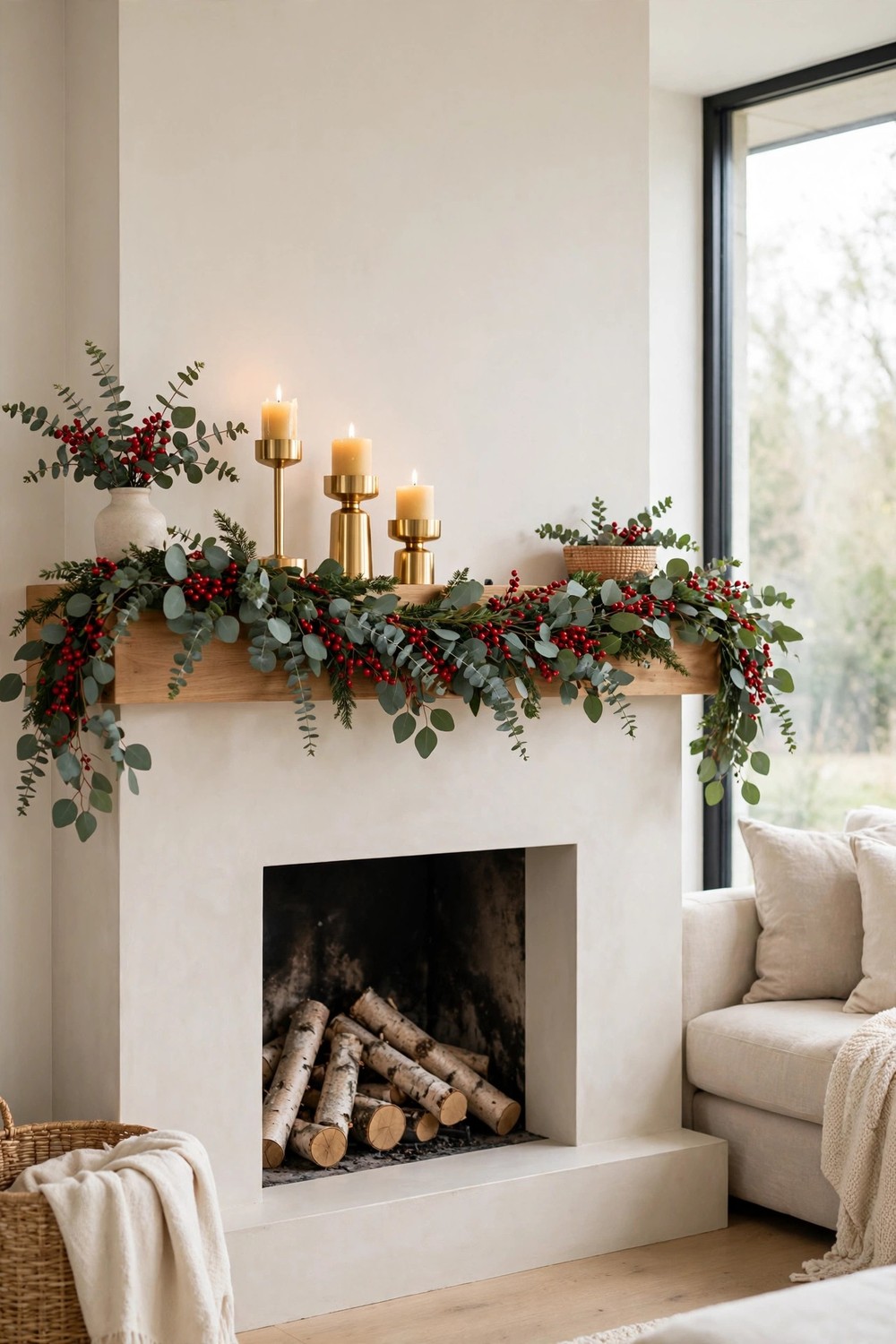 Fresh eucalyptus and red berry garland with gold candle holders on a modern Christmas mantel