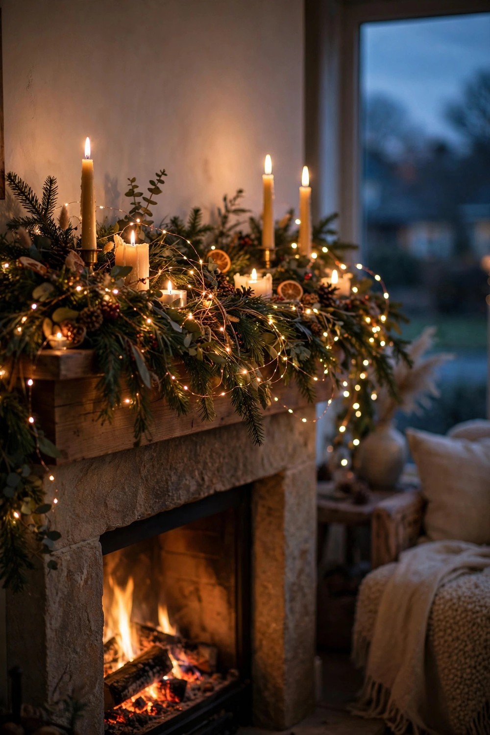 Twinkling LED fairy string lights woven through garland on a Christmas mantel at dusk