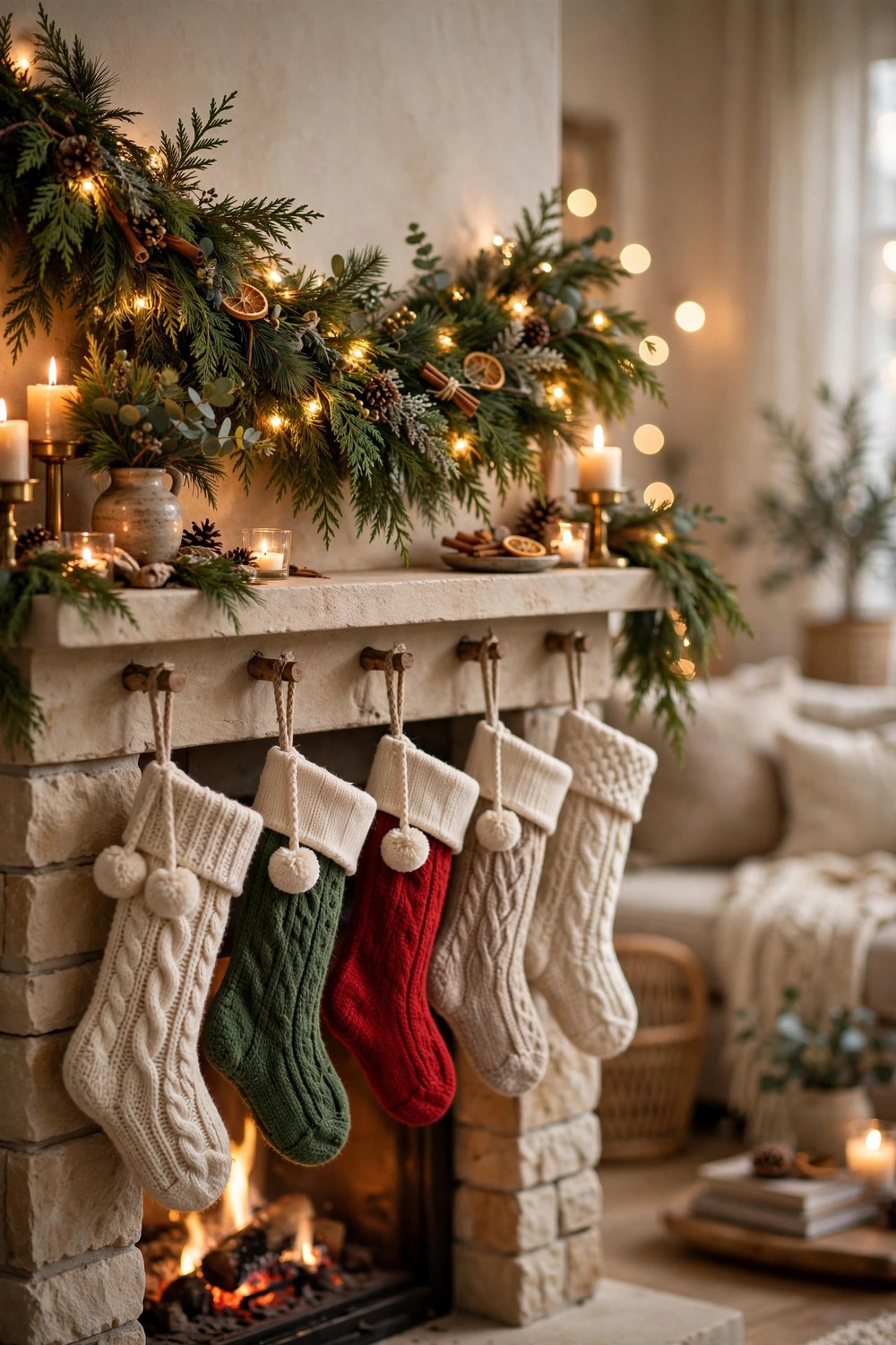 Pre-lit cedar garland with warm lights draped over a decorated Christmas fireplace mantel with stockings