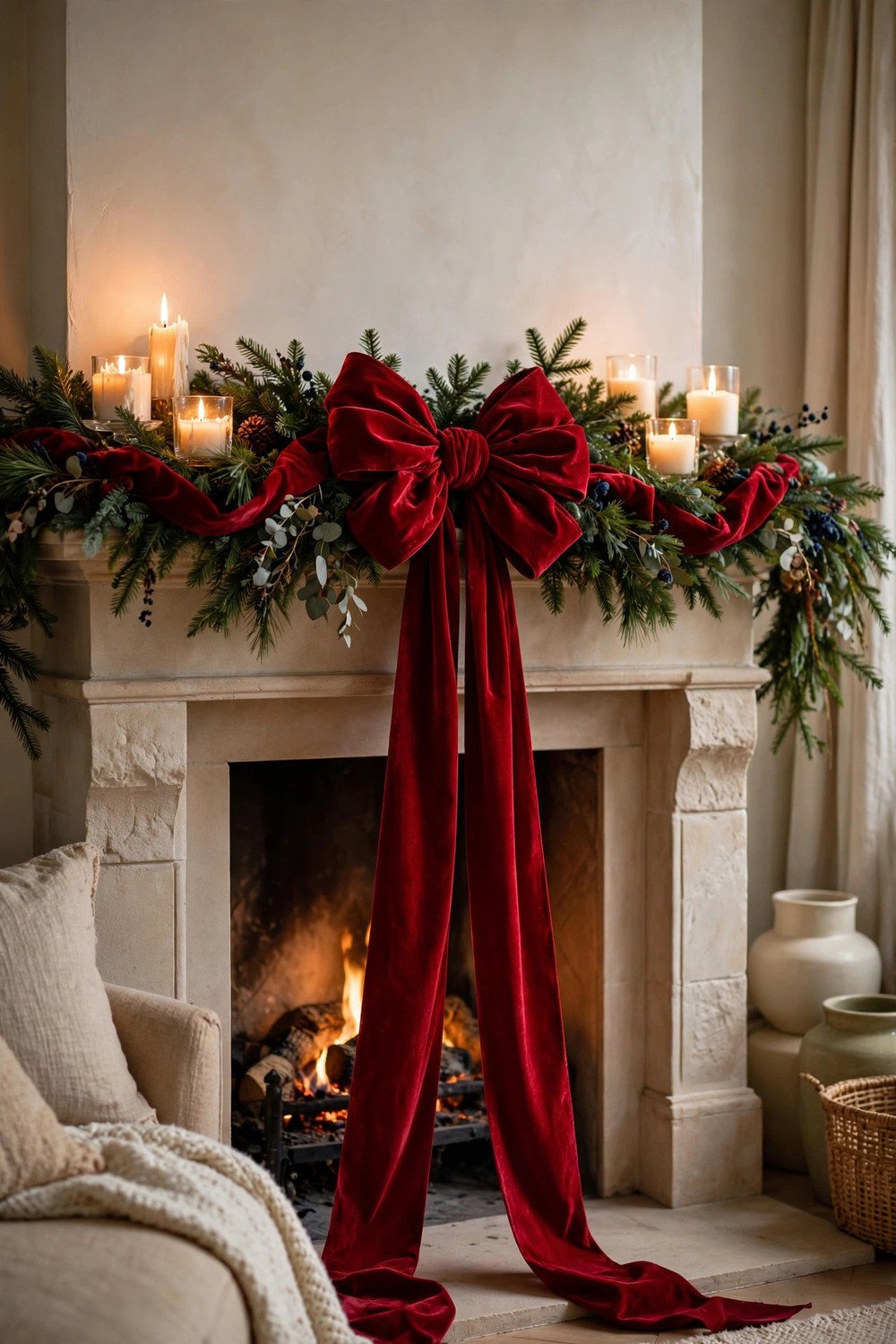Red velvet ribbon woven through evergreen garland with a big bow on a Christmas mantel