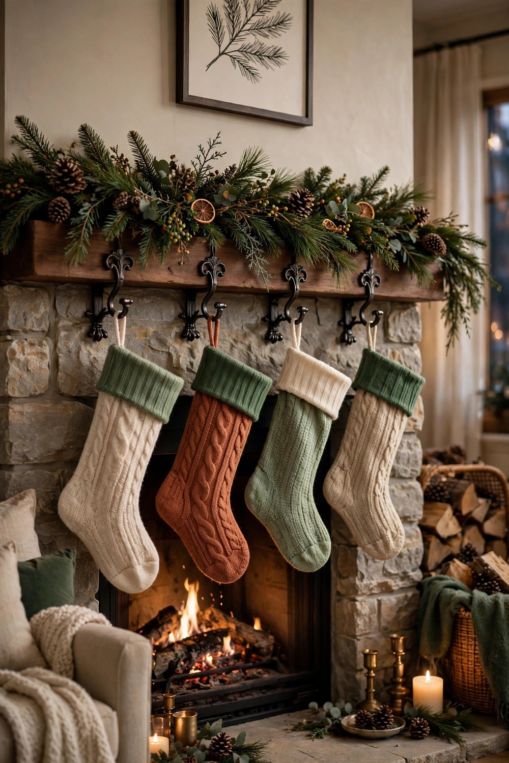 Elegant metal stocking holders holding knit stockings on a Christmas mantel with pinecone garland