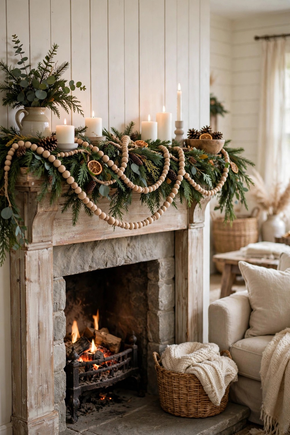 Natural wooden bead garland layered over evergreen garland on a farmhouse Christmas mantel