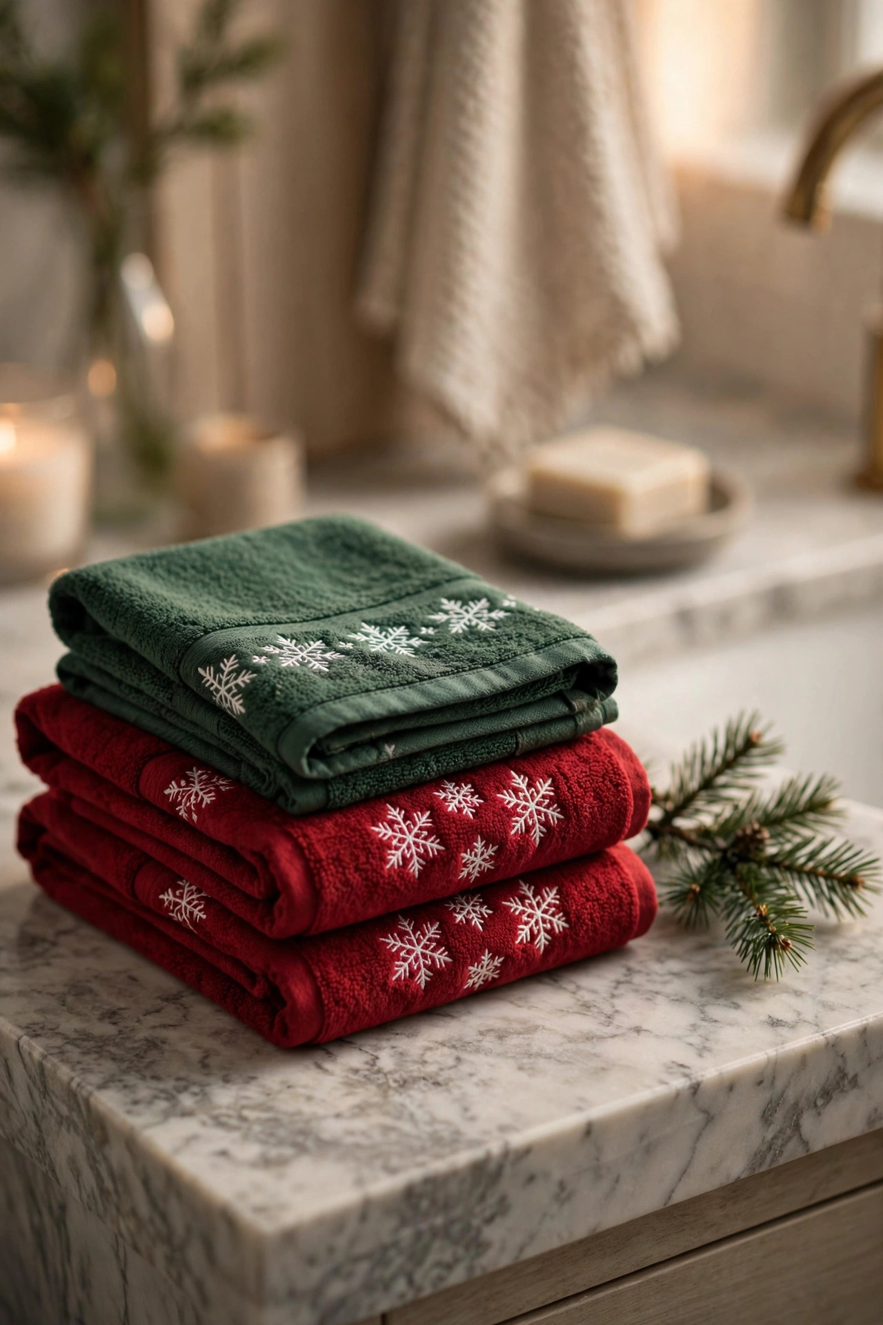 Folded Christmas hand towel set in red and green with snowflake embroidery on a bathroom counter