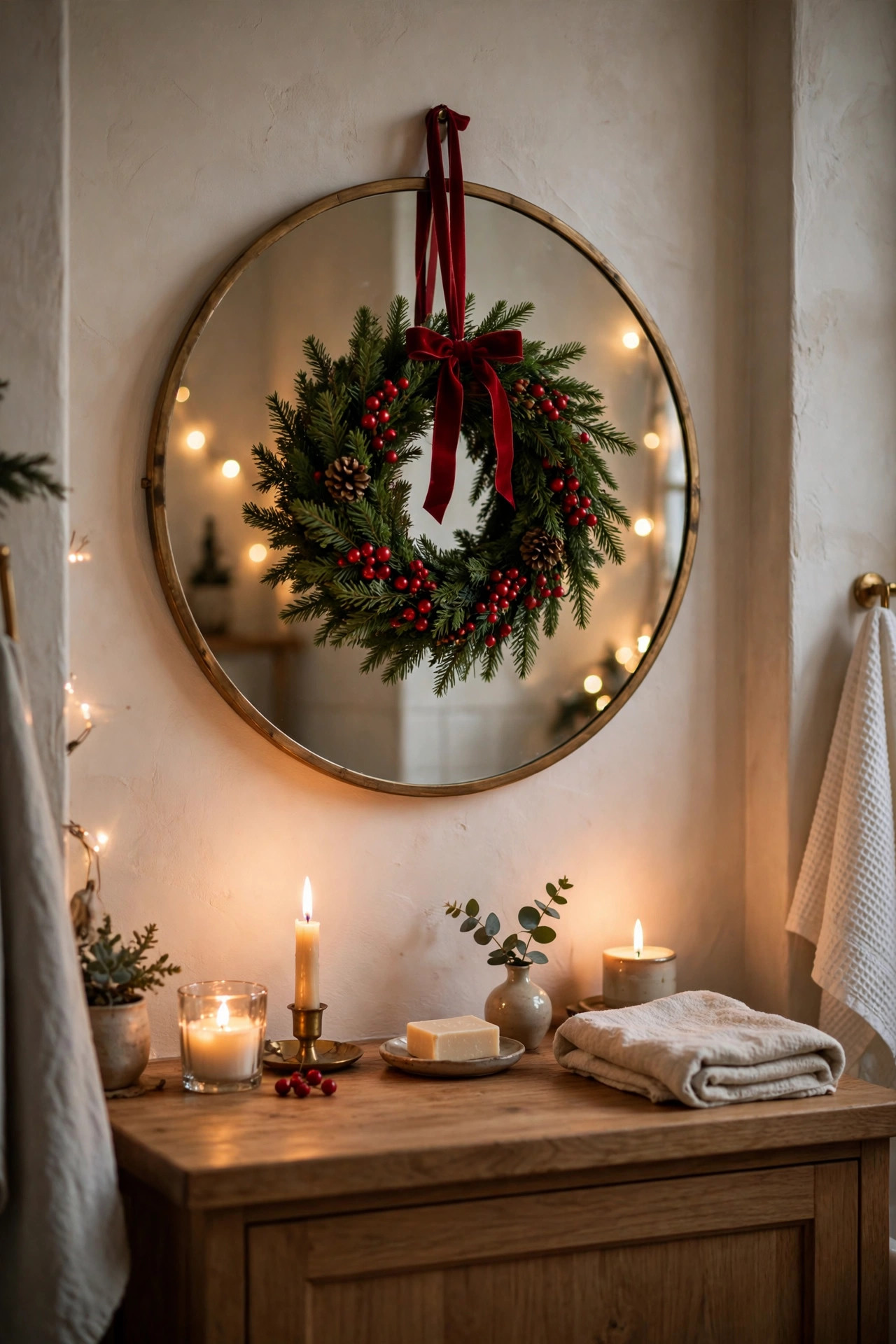 Small evergreen wreath with red berries hanging on a round bathroom mirror