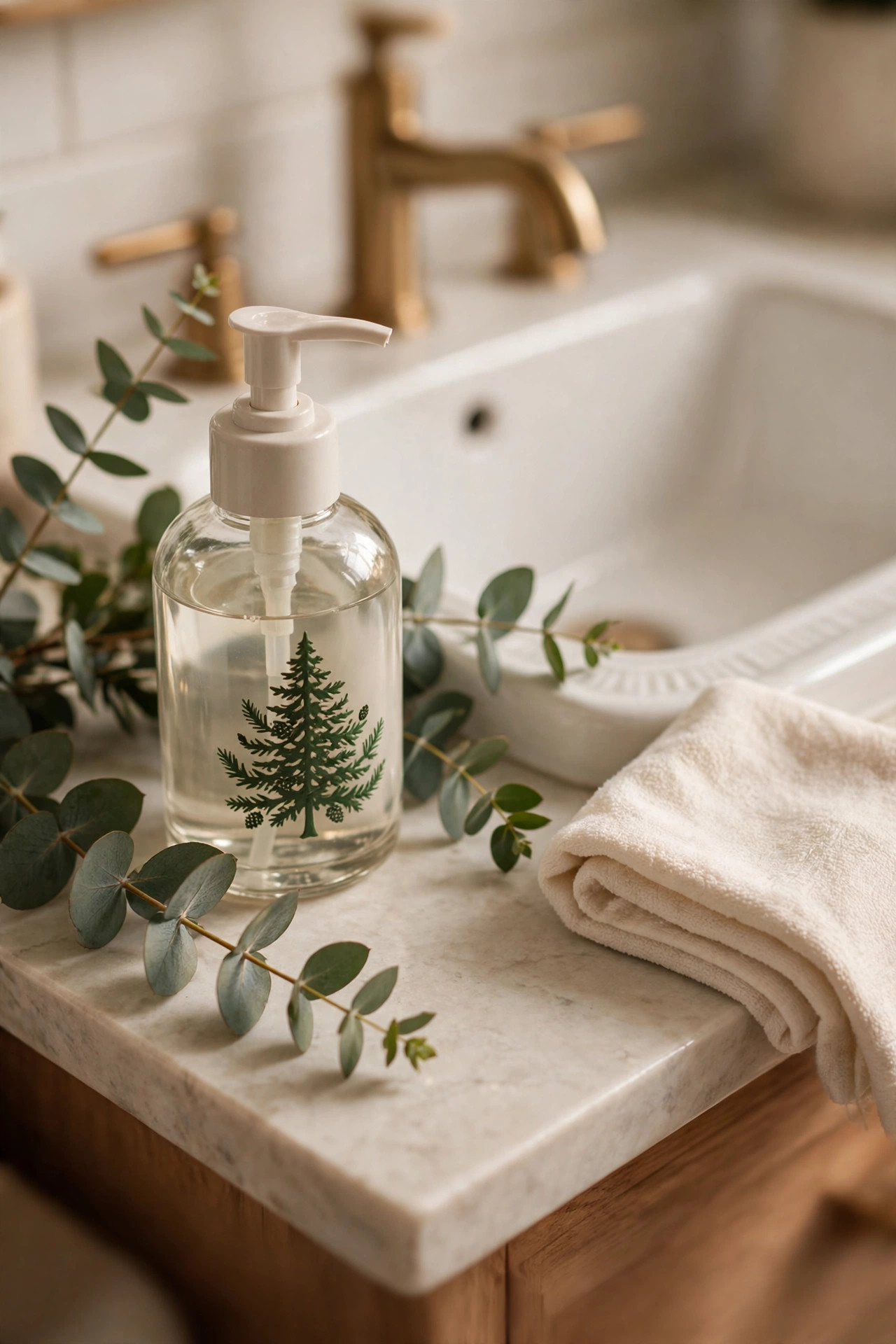 Festive holiday soap dispenser with pine tree motif on a bathroom sink