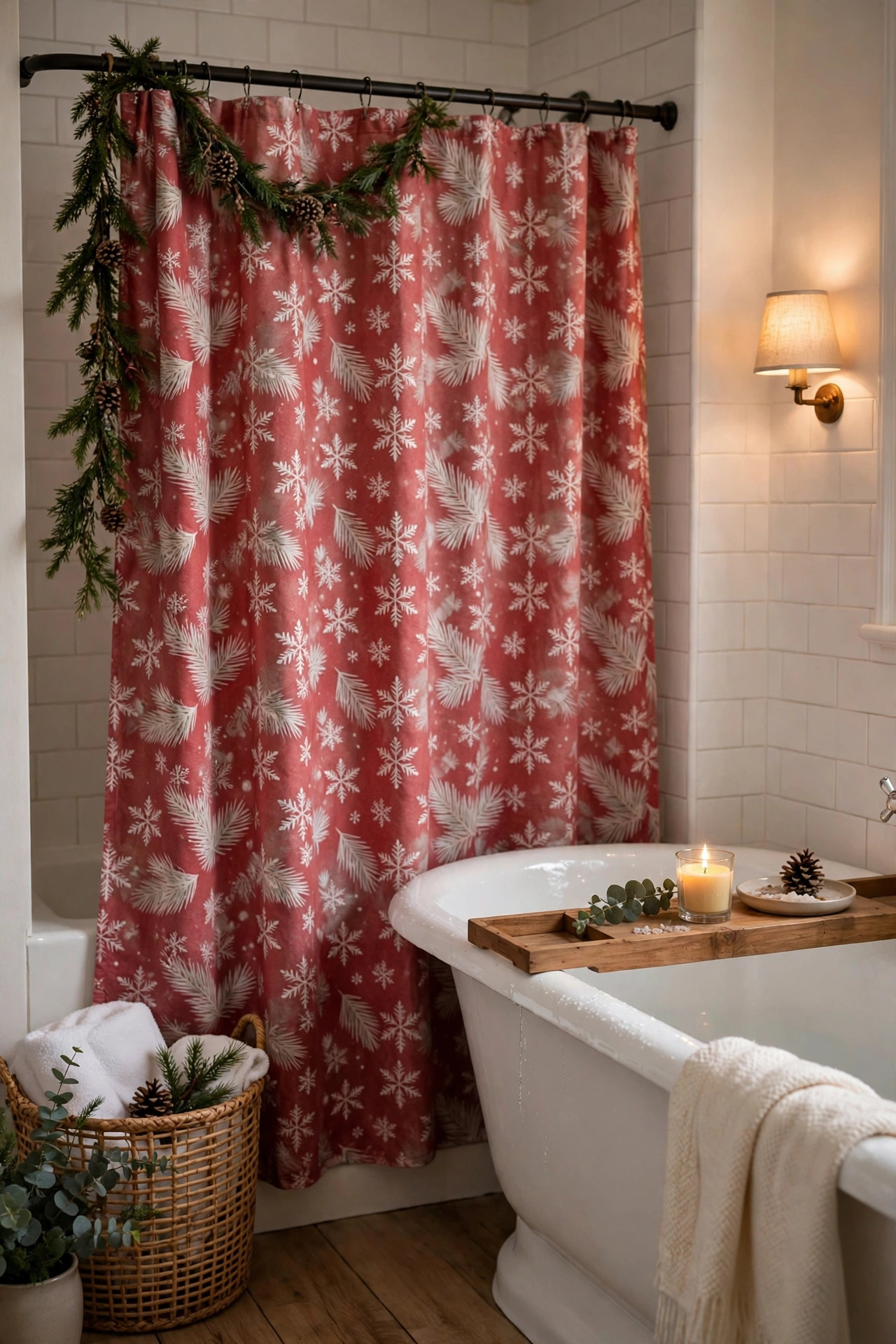 Christmas shower curtain with snowflake and pine pattern in a cozy bathroom