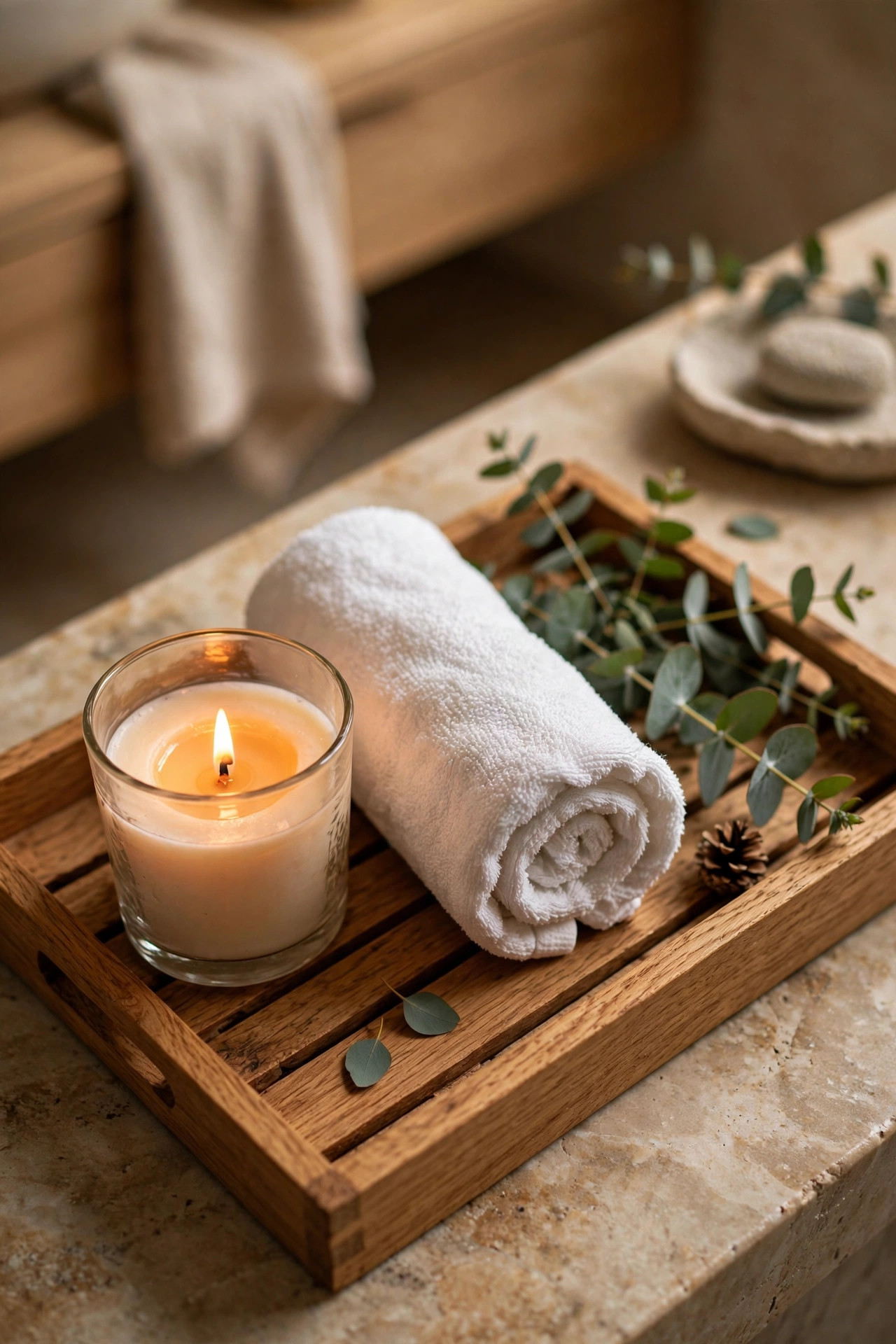 Lit pine scented candle on a bathroom vanity tray with eucalyptus