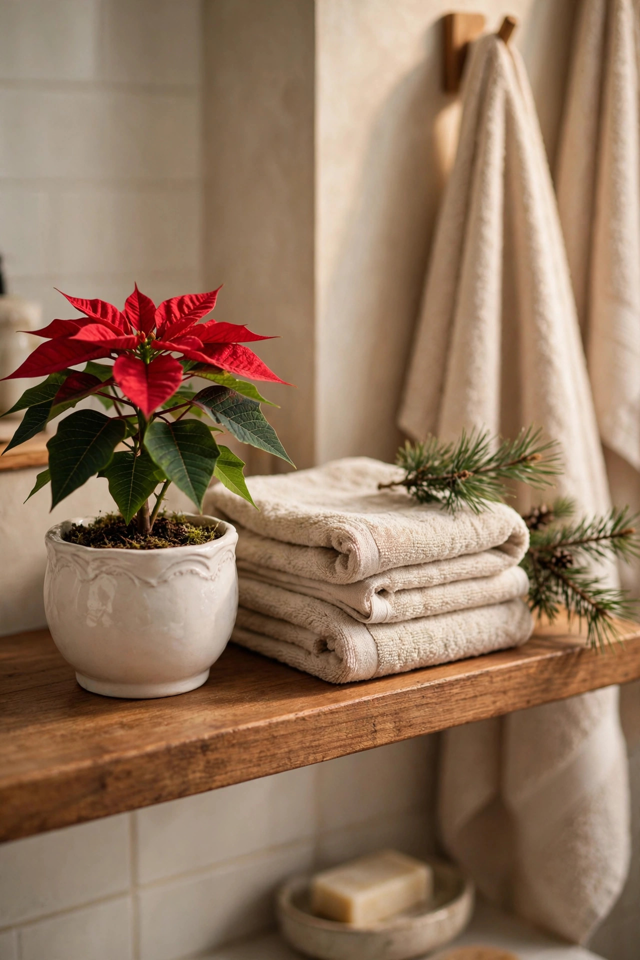 Small red poinsettia plant in a white pot on a bathroom shelf