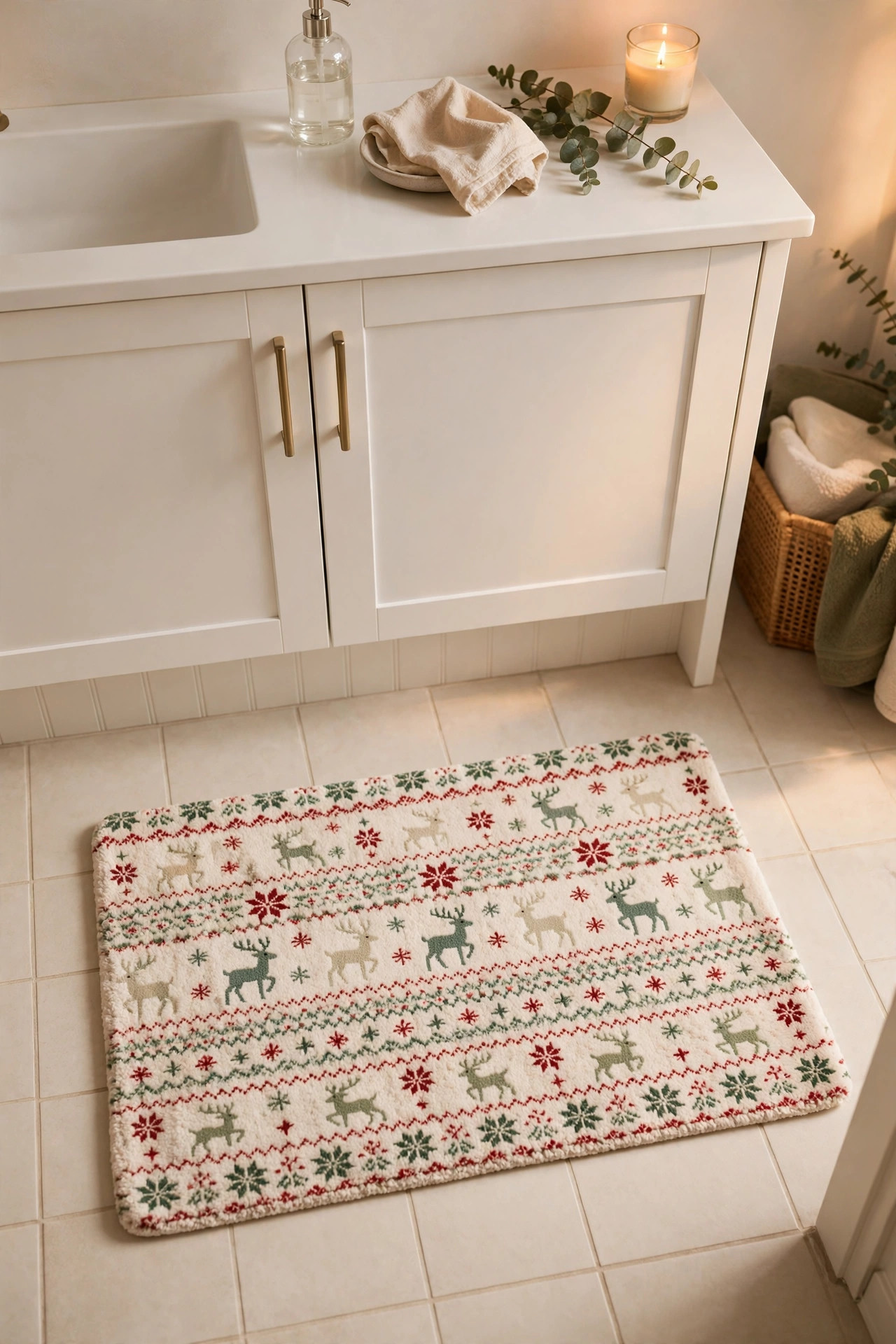 Christmas bath mat with reindeer and snowflake pattern on a bathroom floor
