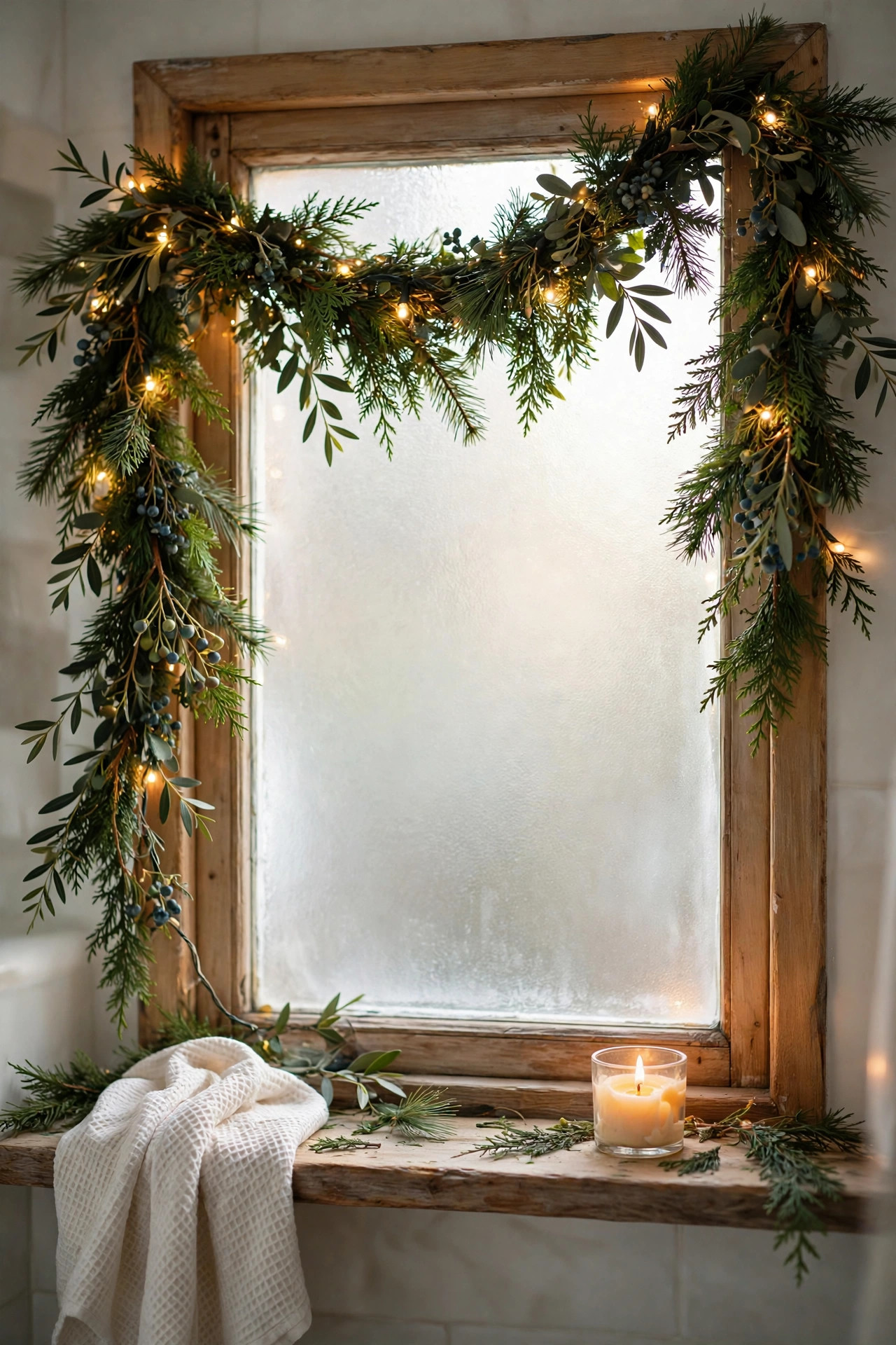 Evergreen garland with fairy lights draped over a bathroom window