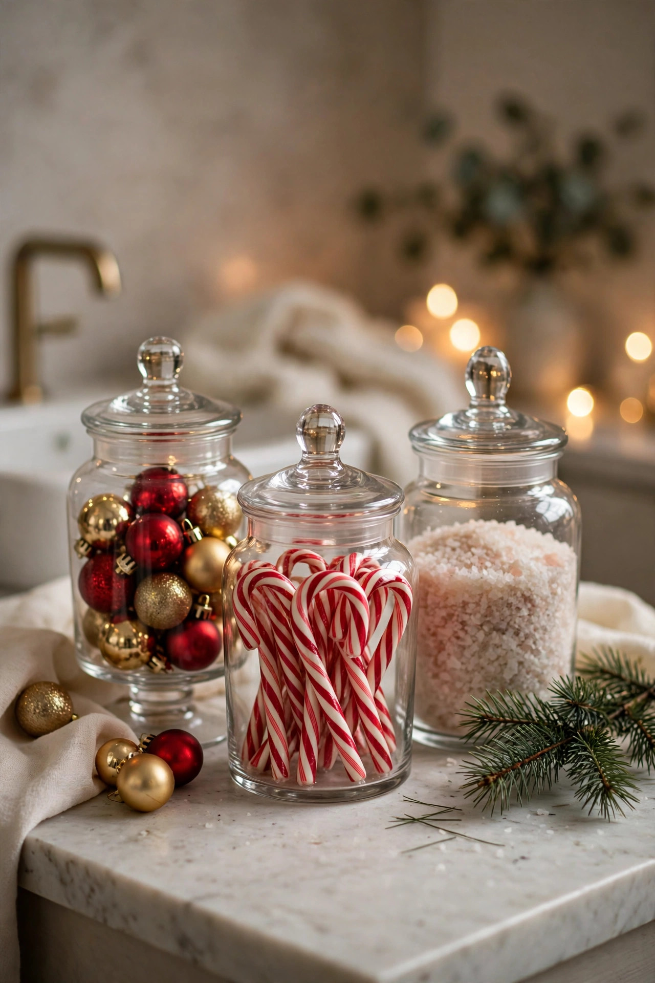 Glass apothecary jars filled with ornaments and candy canes on a bathroom counter