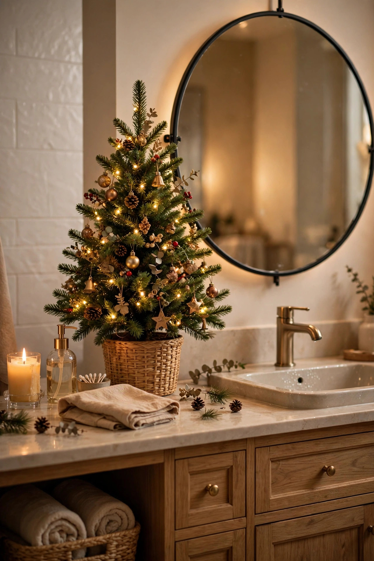 Mini decorated tabletop Christmas tree on a bathroom vanity