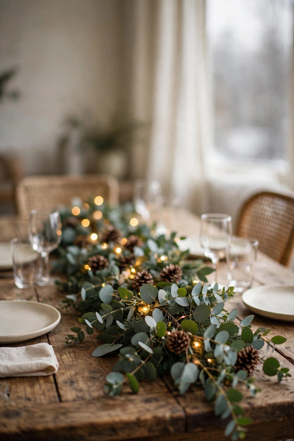 Fresh eucalyptus garland runner with pinecones and fairy lights on a Christmas table